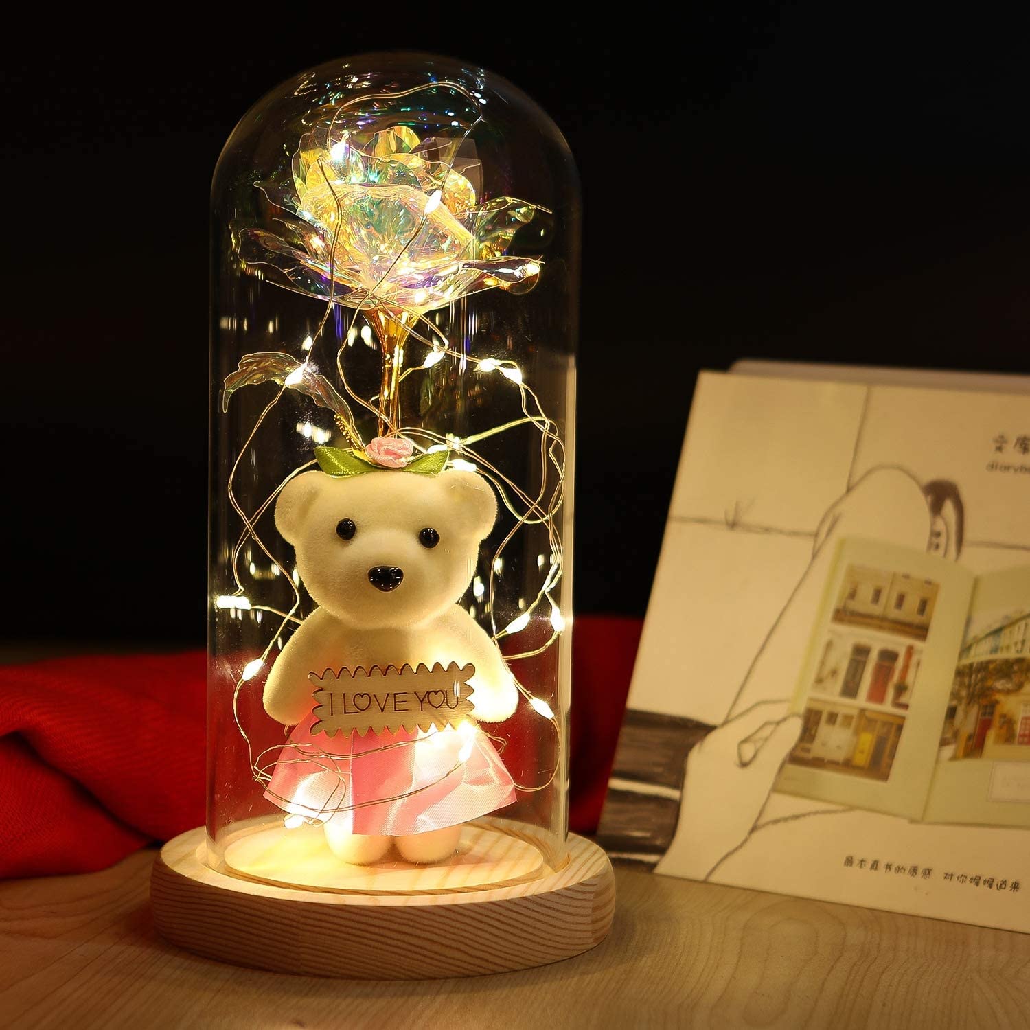 Present LED 24k Goldleaf Rose Bear Flower Glass Lamp Light