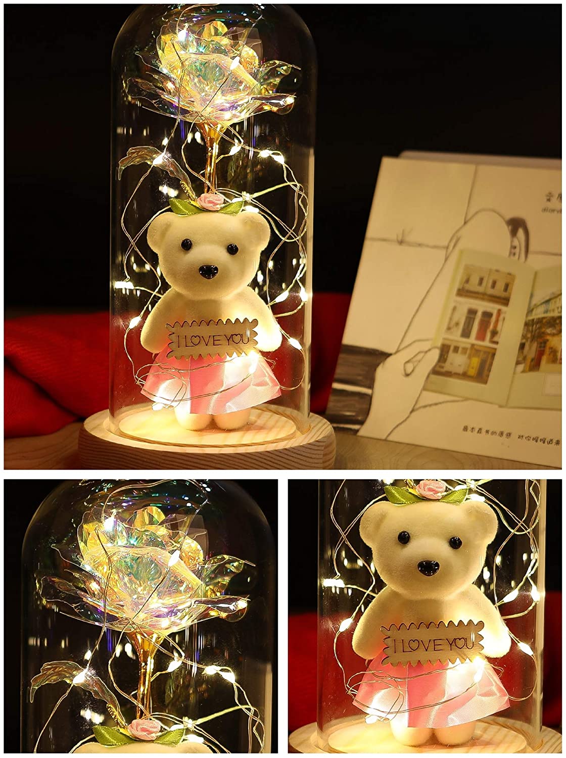 Present LED 24k Goldleaf Rose Bear Flower Glass Lamp Light