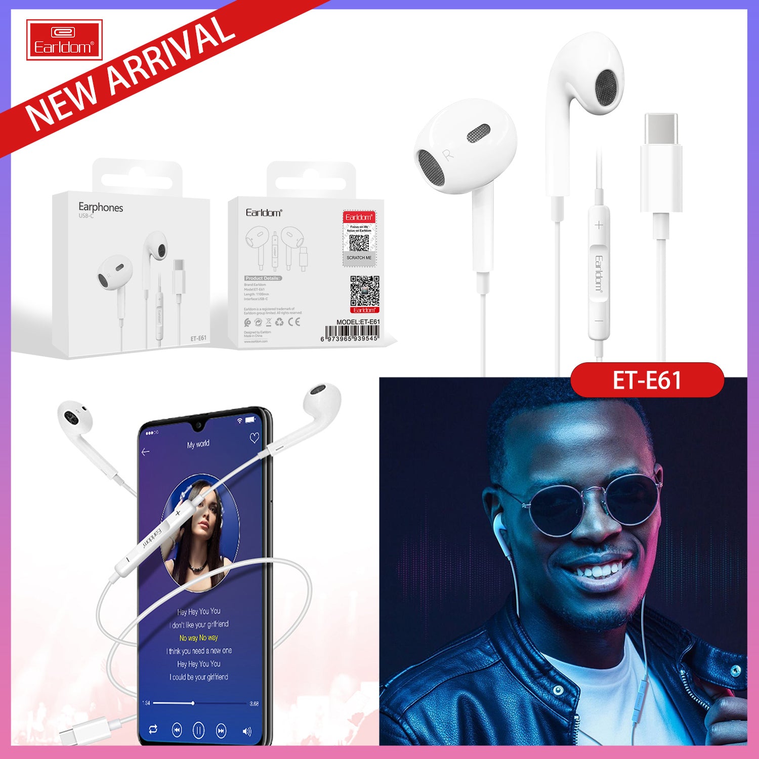 Earldom E61 USB Type C Handsfree Earphone For Samsung Huawei Google Pixal