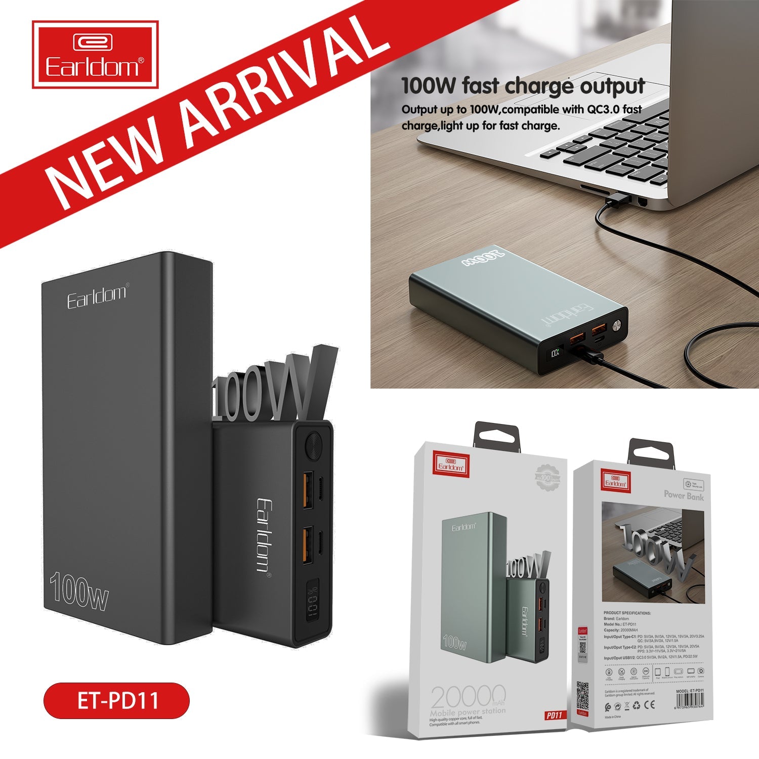 Super Power Bank 20000mAh 100W For iPhone iPad Laptop