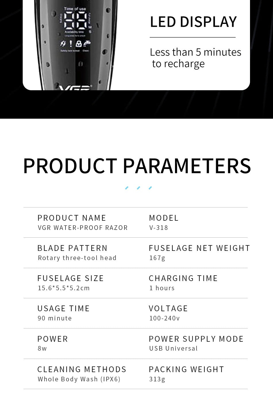 VGR Electric Shaver Professional 3 In1 3-Head Floating Shaving