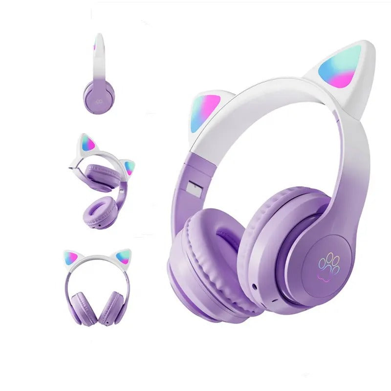 Pro Cute Cat Ear Bluetooth Wireless Headphones Glowing LED RGB Flash Light