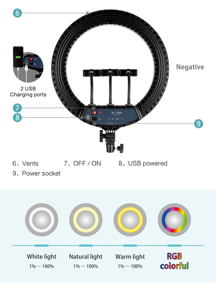 HQ 18 Inch RGB Ring Light tripod LED RingLight Selfie Ring Light