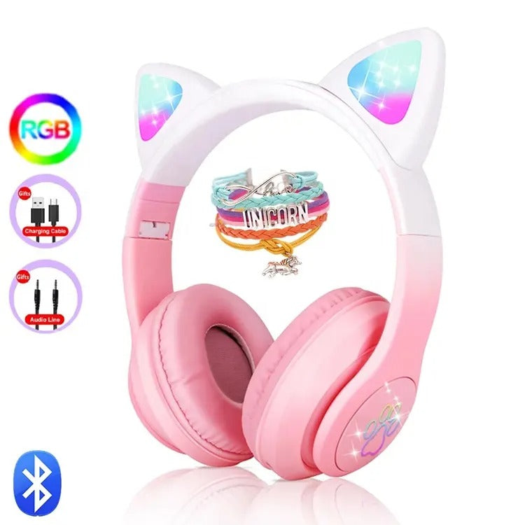 Pro Cute Cat Ear Bluetooth Wireless Headphones Glowing LED RGB Flash Light
