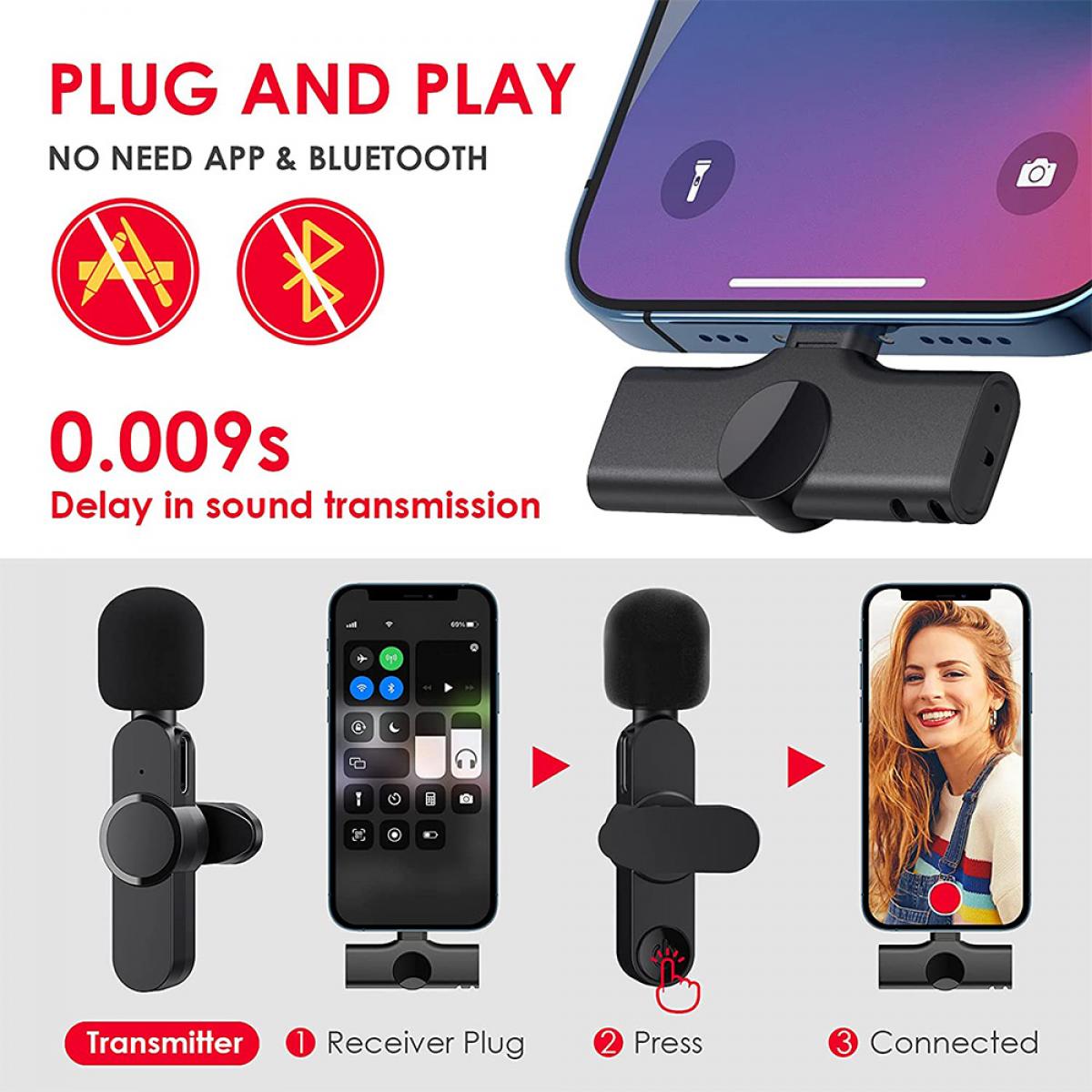 Plug-Play UHF Wireless Lapel Lavalier Microphone System for Video iOS Devices Lighting for Tictok Youtube live