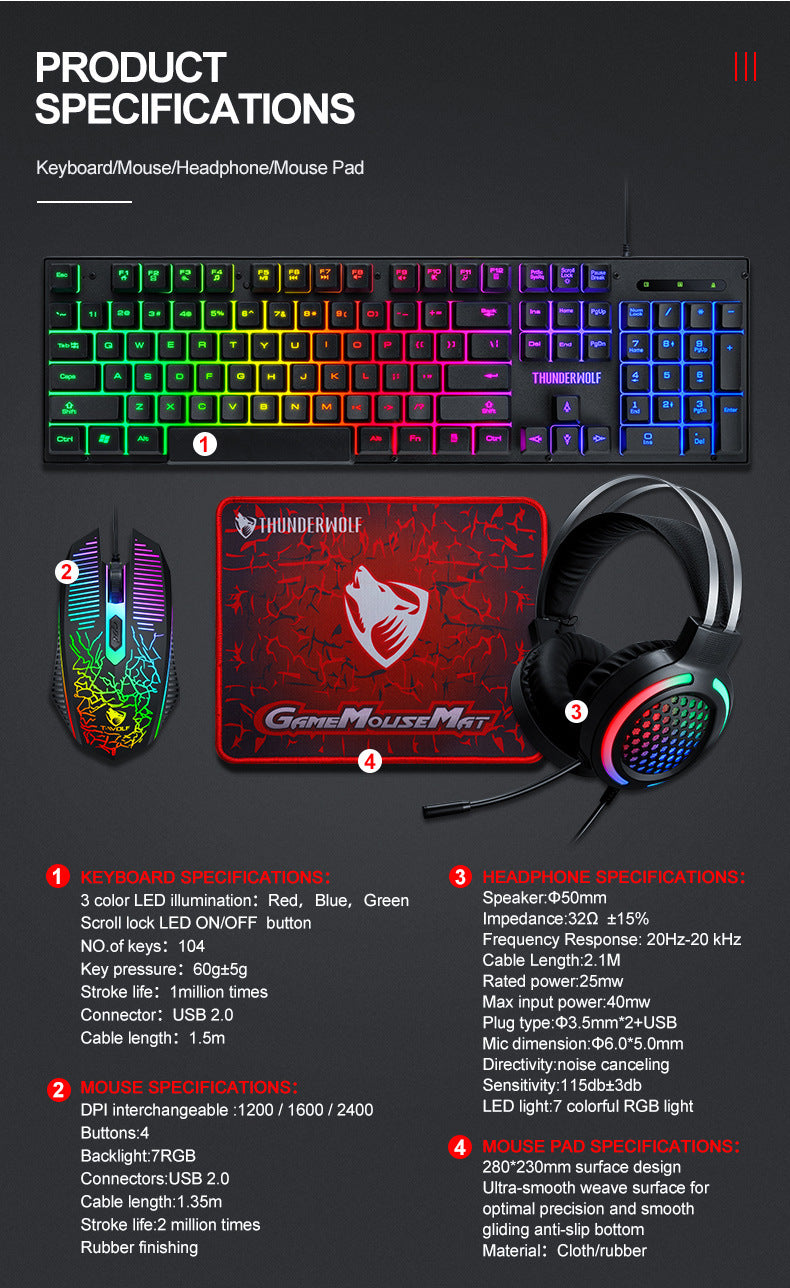 T-Wolf  Gaming Devices Set 104 Keys LED Backlit Gaming Keyboard  Mouse  Gaming Headset  Mouse Pad 4 in 1Combo