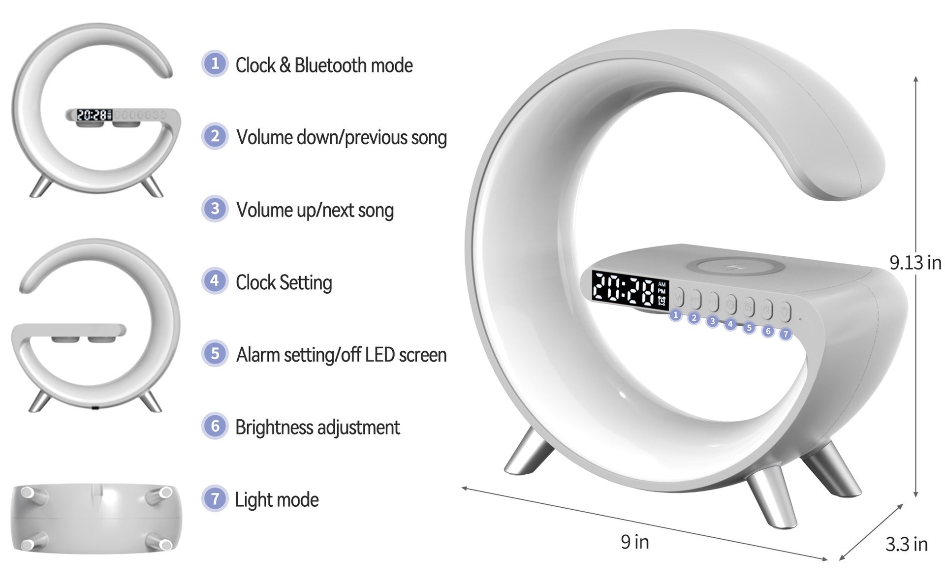 15W Wireless Fast Charger Smart Bluetooth Speaker with Alarm Clock LED Lamp 5in1
