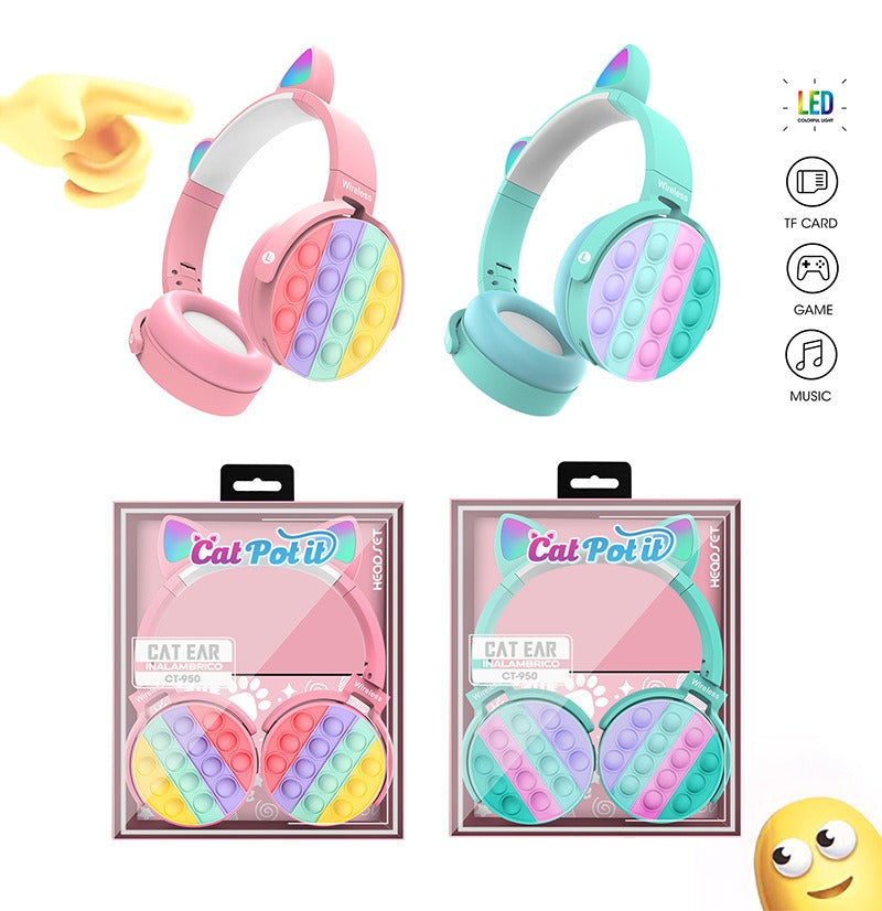 Cute Cat Ear Bluetooth Headphones Silicone Stress Reliever Toys Colorful Stereo Wireless Headphones