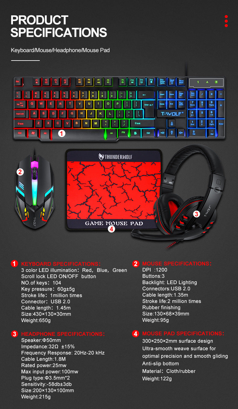 T-Worth Gaming Headphone LED Keyboard Mouse Mousepad  4 in 1 Combo Gaming Pack