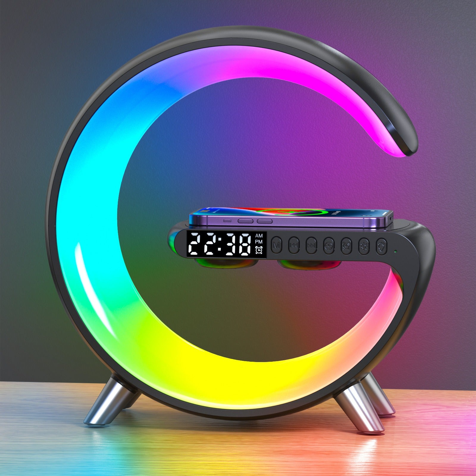 15W Wireless Fast Charger Smart Bluetooth Speaker with Alarm Clock LED Lamp 5in1