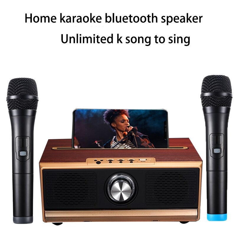 High-power home TV karaoke wooden bluetooth speaker stereo three-in-one with wireless dual microphone amplifier subwoofer audio