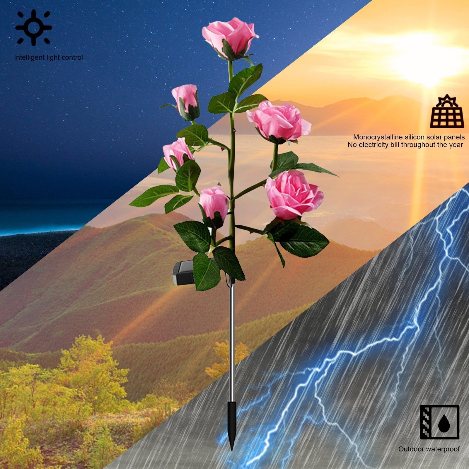 Solar Powered Rose Light Flower Lights Lamp Pink Rose