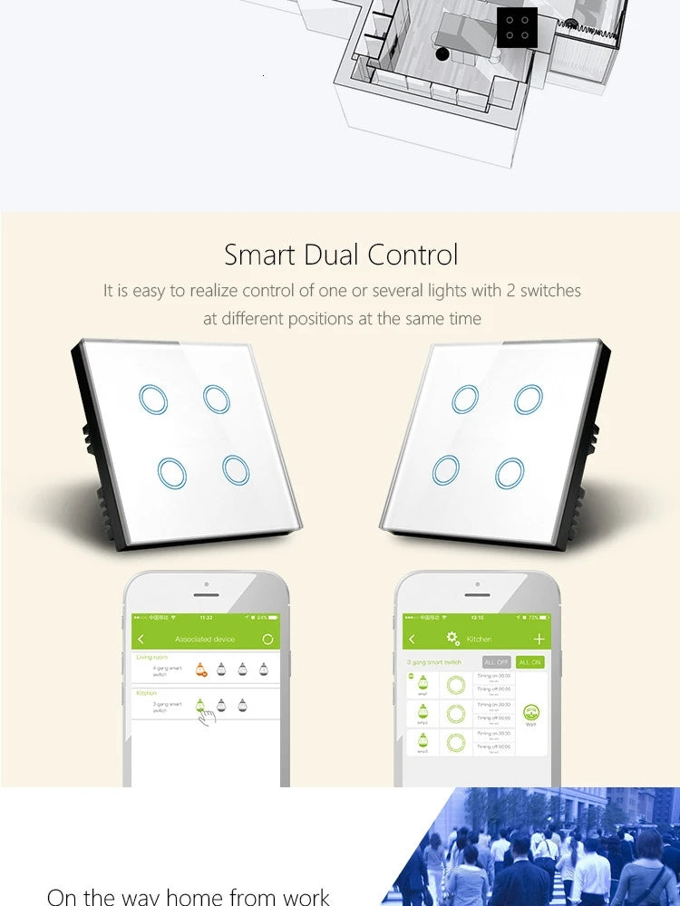 Tuya Smart Light Switch WiFi 4 Gang Wireless Touch Sensor Remote Control