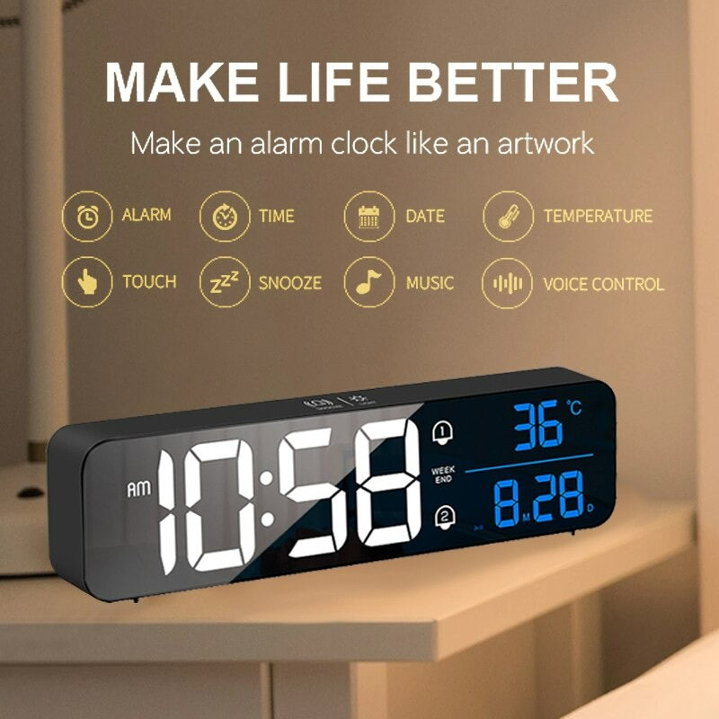 Big LED Digital Alarm Clock Temperature Date Display Desktop Clocks Voice Control