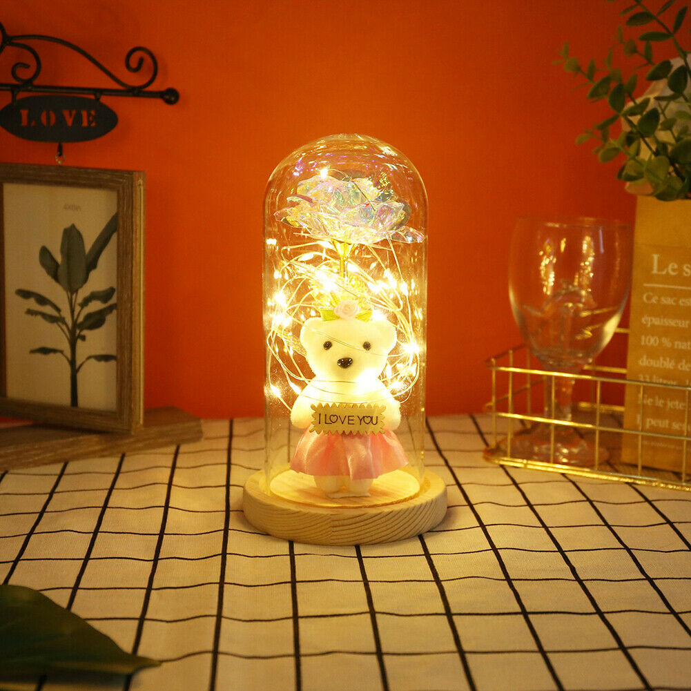 Present LED 24k Goldleaf Rose Bear Flower Glass Lamp Light
