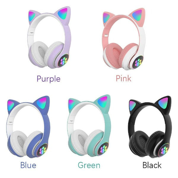 Cute Cat Ear Bluetooth Wireless Headphones Glowing LED RGB Flash Light