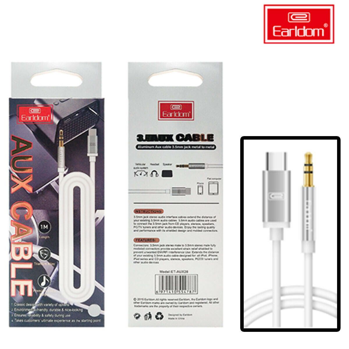 Earldom TYPE- C to 3.5mm Audio Aux Cable 3.5mm Male to USB-C Headphone Car Cable