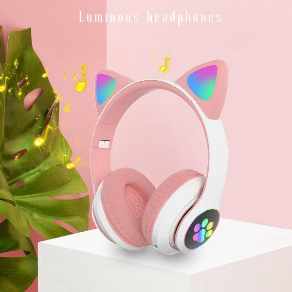 TEQ Bluetooth Headset Cat Ears Wireless  RGB Light Bass Noise Cancelling  Headphones for Adults Kids