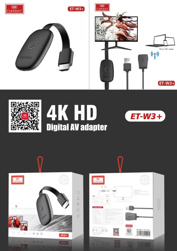 Earldom W3+ Wireless HDMI  HD 4K Resolution For Phones iPhone ipad Laptops Connecting to TVs